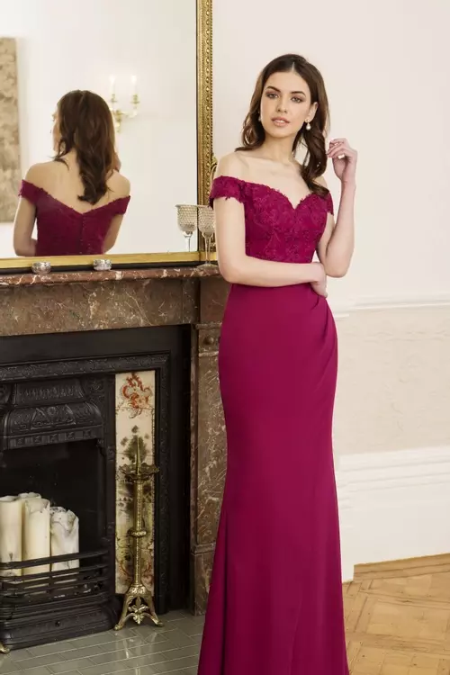 Purple off the store shoulder bridesmaid dresses